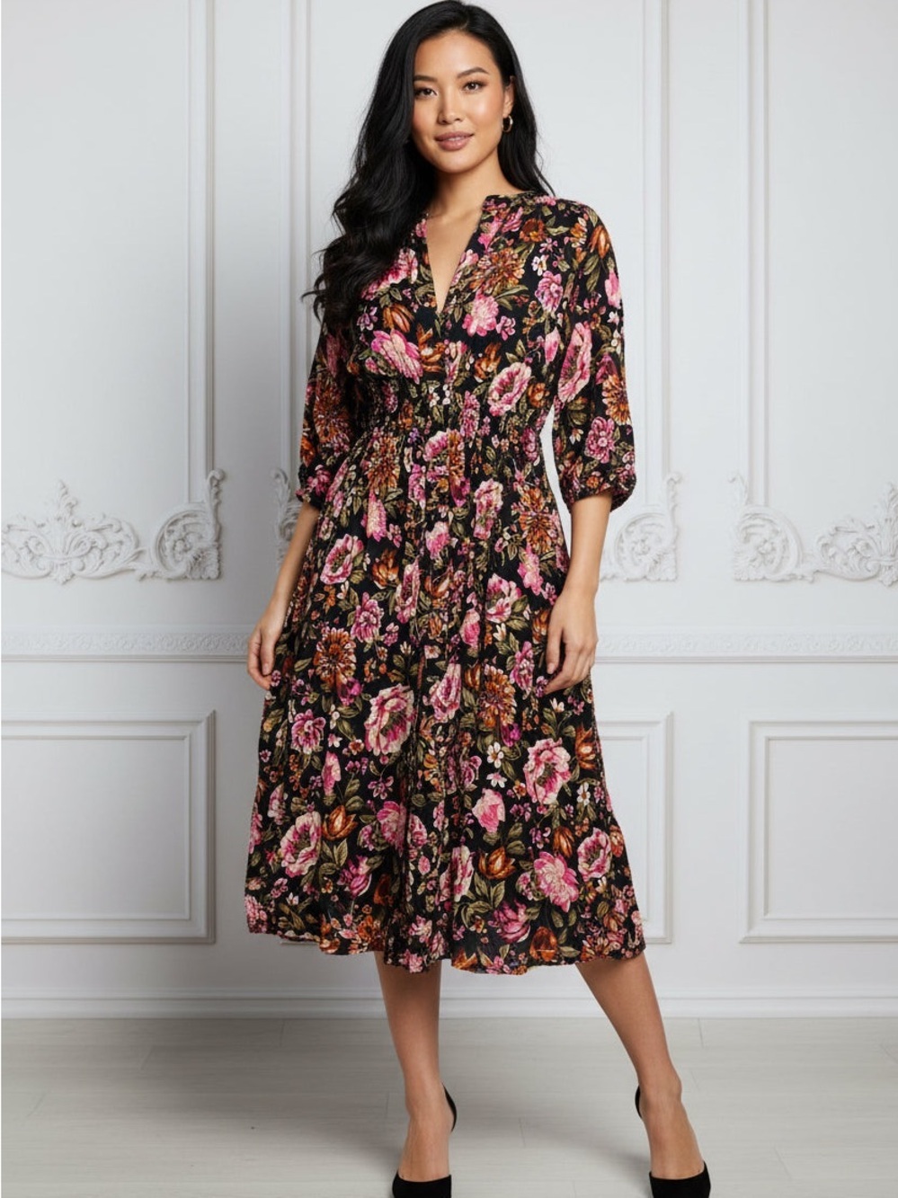 Source Unknown Black Midi Dress with Pink Floral Print